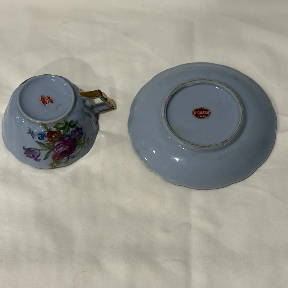 Vintage Richard Japan Teacup Set Blue Gold Flowers Cottage Core‎